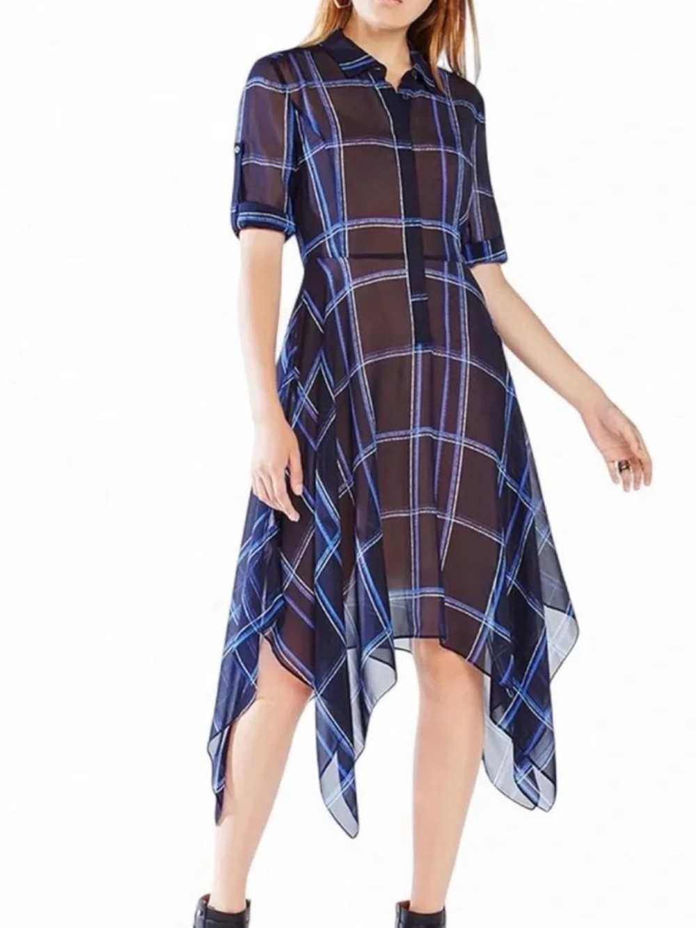 BCBGMAXAZRIA Beatryce 100% Silk Plaid Handkerchief Hem Midi Dress S Quiet Luxury